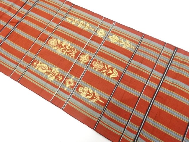 JAPANESEKIMONO / ANTIQUE CHECKERED TSUMUGI OBI / WOVEN FLORAL PATTERN 